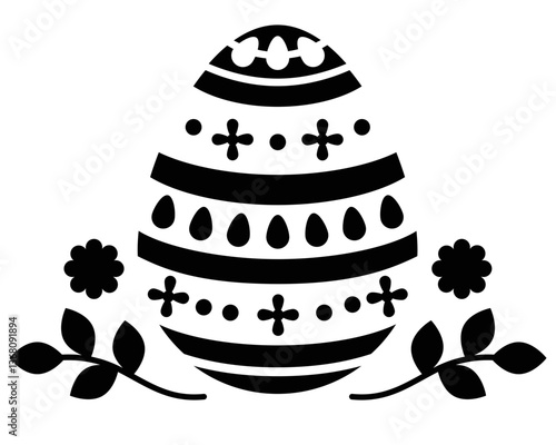 Easter egg with ornament, flowers and leaves stencil for cookies or painting eggs - vector template for cutting. Easter egg with ornament