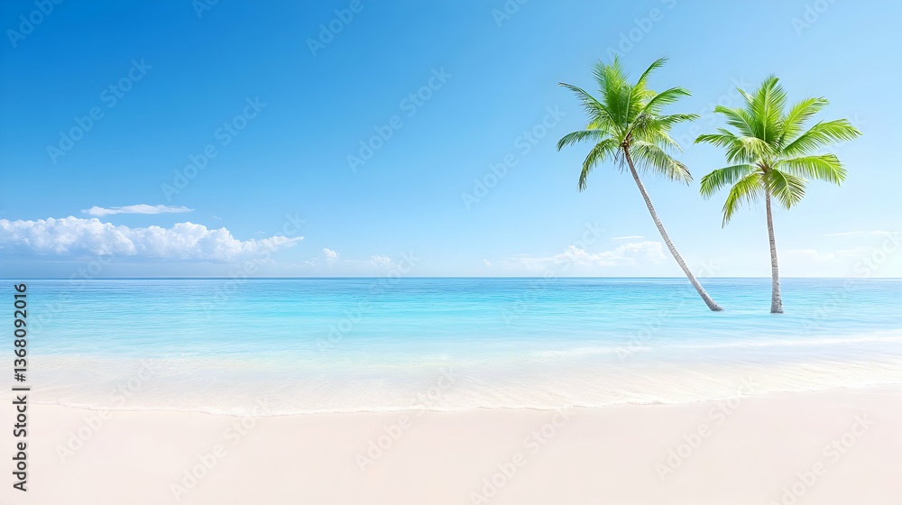 Idyllic tropical beach scene with two leaning palm trees, clear turquoise water, and white sand under a bright blue sky Idyllic tropical beach scene with two leaning palm trees, clear turquoise water, and white sand under a bright blue sky