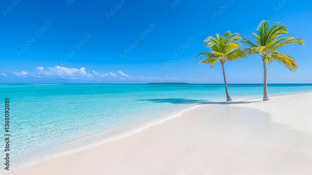 Fototapeta premium Idyllic tropical beach scene with two palm trees, clear turquoise water, and white sand
