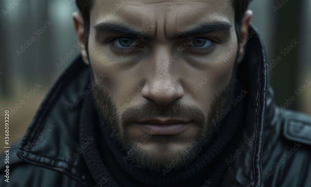 Intense portrait of a man in a dark forest. Intense portrait of a man in a dark forest.