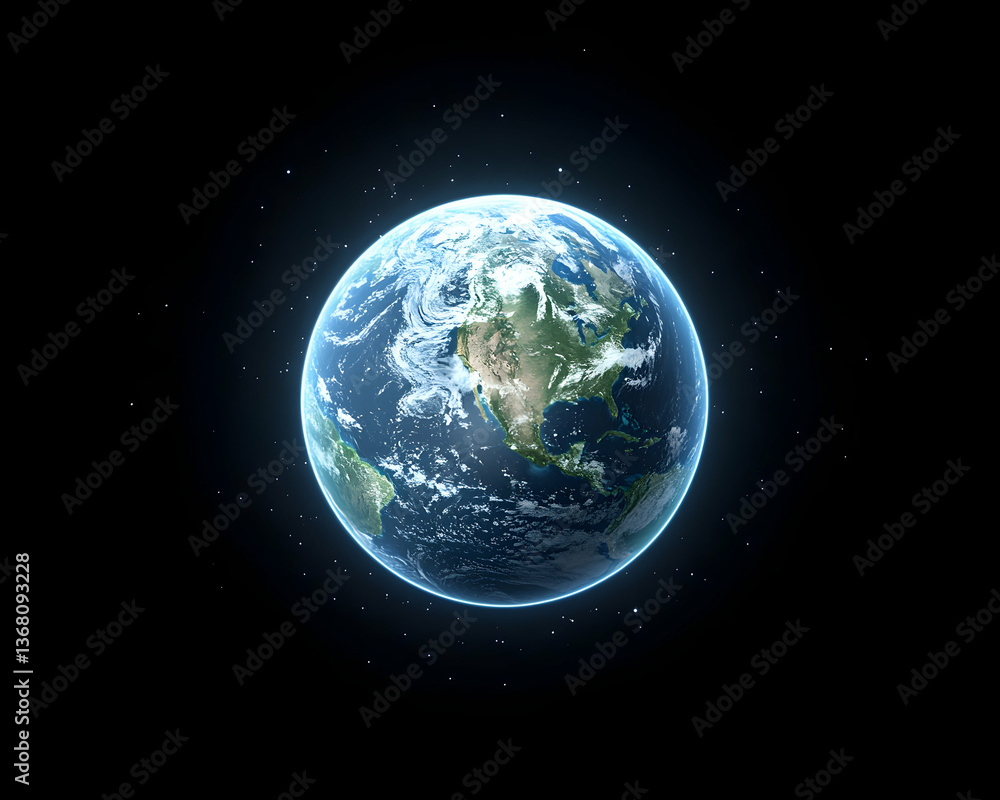 Illuminated Earth globe in space, showcasing North America, surrounded by stars Illuminated Earth globe in space, showcasing North America, surrounded by stars