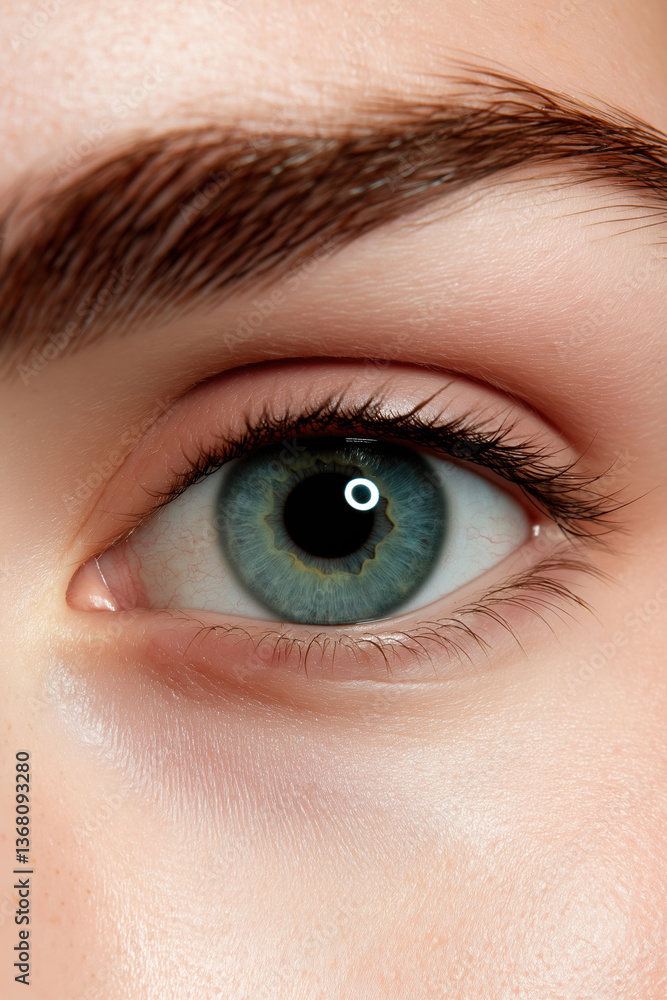 Obraz premium Close-up of a human eye in vivid green and blue, highlighting intricate details