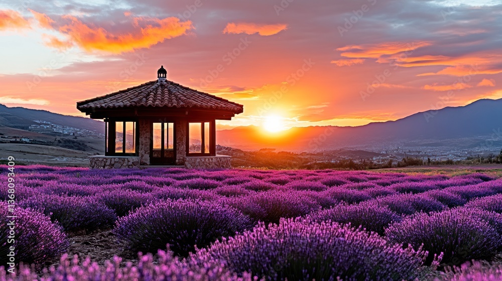 Sunrise over a lavender field with a gazebo Sunrise over a lavender field with a gazebo