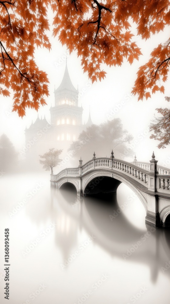 Obraz premium Misty autumn scene, stone bridge over tranquil water, reflecting castle in fog