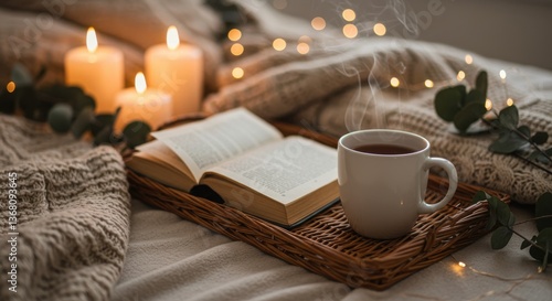 A cozy scene with candles book coffee and lights creating a warm and inviting atmosphere indoors relax