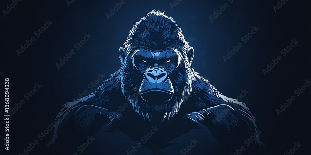 Intense Gorilla Staring with Fur Texture in Deep Blue Tones Intense Gorilla Staring with Fur Texture in Deep Blue Tones