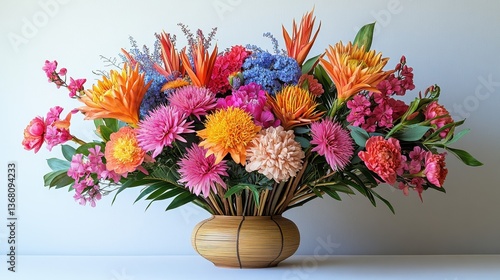 Wallpaper Mural Vibrant floral arrangement, studio shot, colorful flowers, wooden vase, white background, perfect for greeting cards Torontodigital.ca