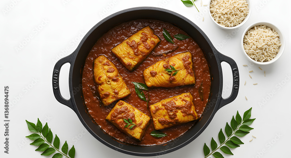 Kerala Fish Curry with Rice in Bowls in white background Kerala Fish Curry with Rice in Bowls in white background