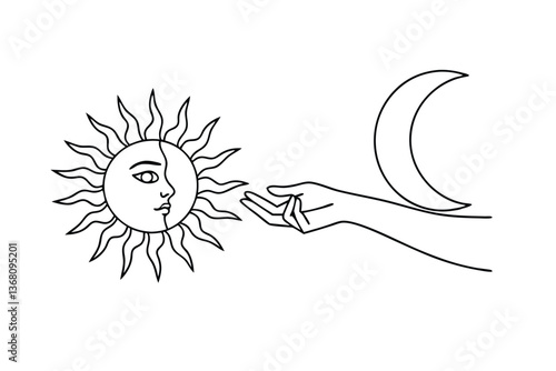 Sun Moon Celestial Hand Art Line Drawing Mystic Balance
