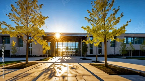 Modern school building with trees and sunburst lighting over clean paved entrance
