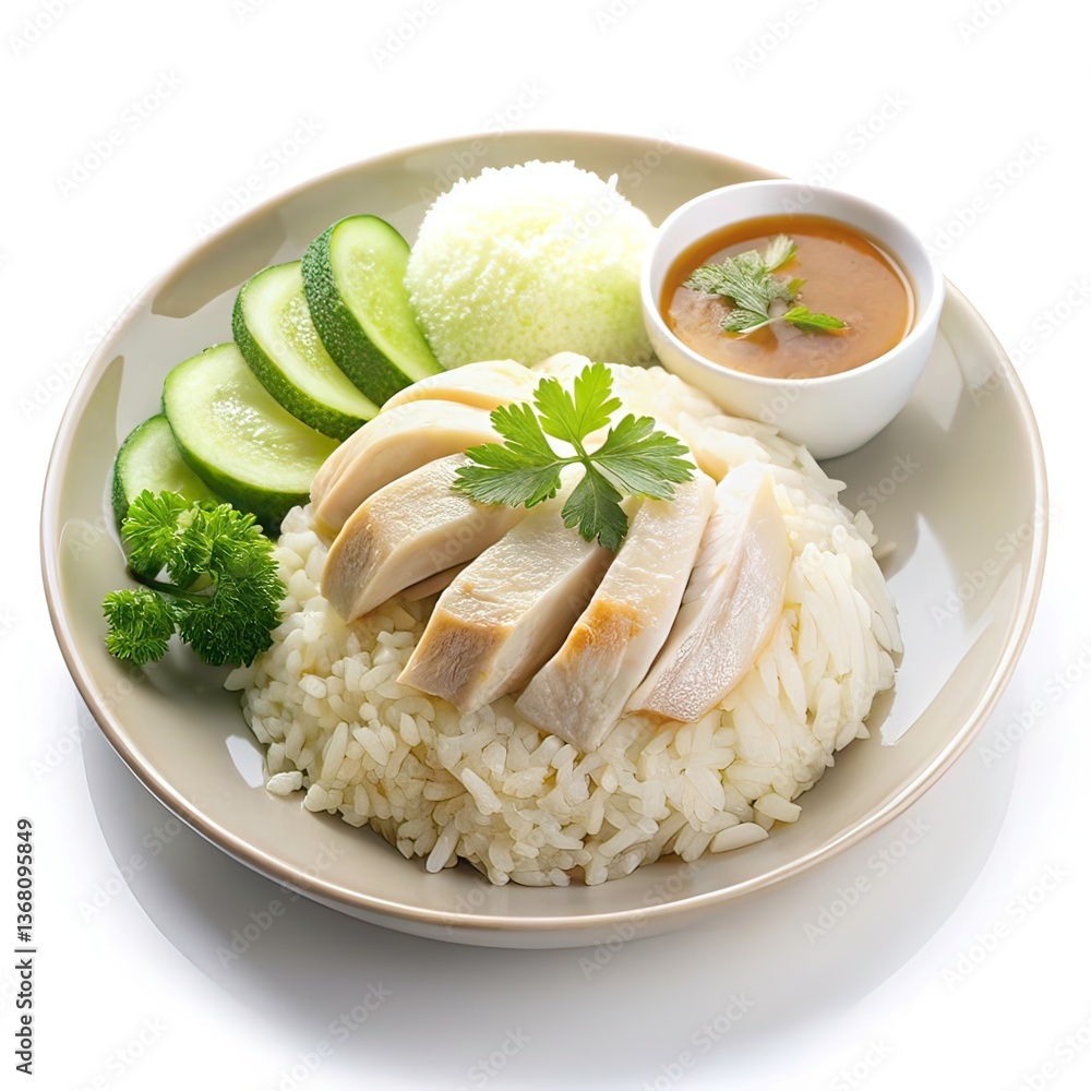 Hainanese chicken rice on white background Hainanese chicken rice on white background