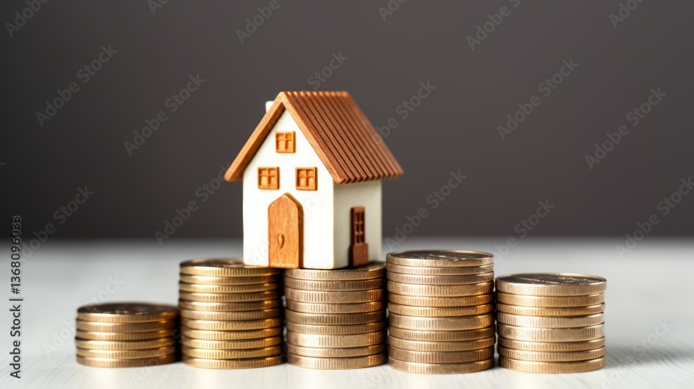 House model on coin stacks in natural light. AI generative House model on coin stacks in natural light. AI generative