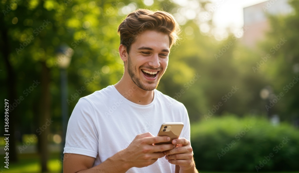 Caucasian young adult male smiling while using smartphone in outdoor park with greenery. Themes: technology, leisure. Caucasian young adult male smiling while using smartphone in outdoor park with greenery. Themes: technology, leisure.
