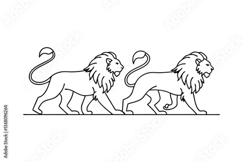 Two Majestic Lions Walking, Line Art, Heraldic Symbols, Royal Crest, Elegant Design