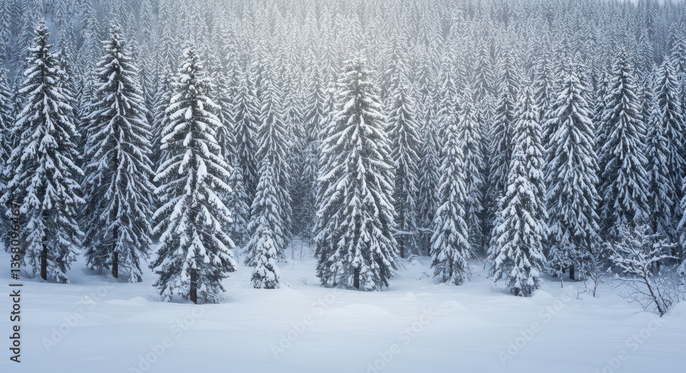 Snow-covered evergreen forest with tall trees under a soft winter light Snow-covered evergreen forest with tall trees under a soft winter light