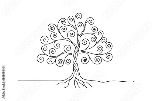 Whimsical Spiral Tree Line Art, Nature, Single Line Drawing, Botanical Illustration