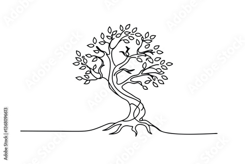Single Line Drawing of a Twisted, Leafy Tree