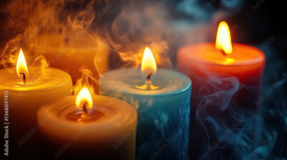 Glowing Candles with Smoke in a Dark Setting for Atmosphere Glowing Candles with Smoke in a Dark Setting for Atmosphere