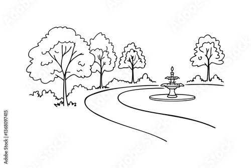 Serene Park Landscape Design Winding Path, Fountain, Lush Trees