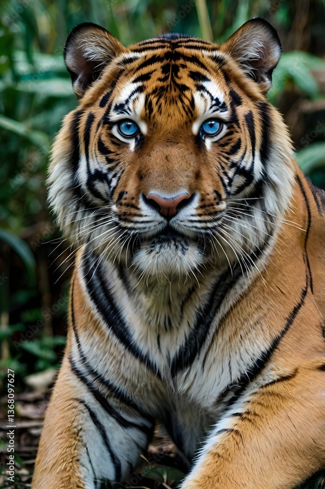 Obraz premium A powerful close-up of a Bengal tiger with piercing blue eyes, gazing intensely at the camera, set against a lush jungle backdrop. Perfect for wildlife and nature themes.