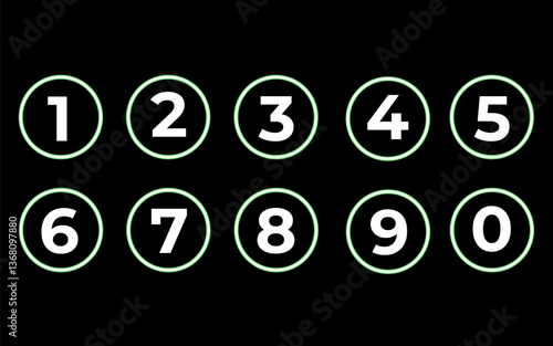 Round green neon buttons icons with numbers from 0 to 9
Vector buttons icons neon numbers
