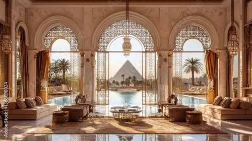 Luxurious Interior View of Elegant Lounge Overlooking Pyramids