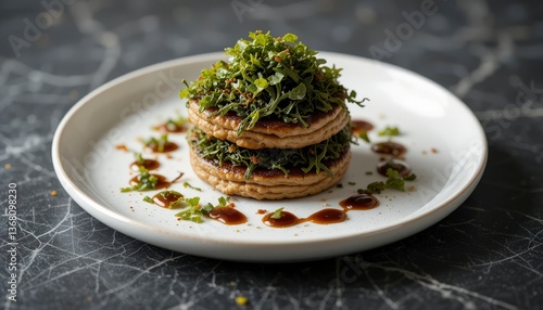 Savory Layered Pastry Dish Garnished with Fresh Herbs and Sauce on Elegant Plate