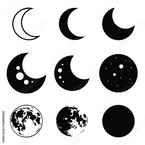 moon and earth icon set, black and white design. vector illustration silhouette 