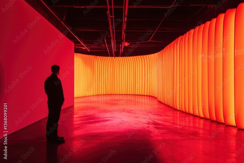 Fototapeta premium Silhouette stands in a space filled with orange light. Vertical stripes glow warmly against wall