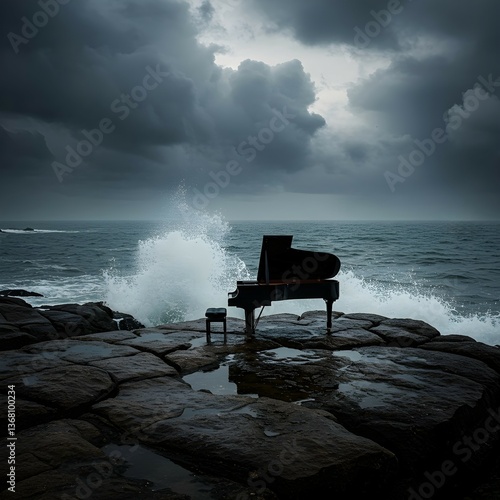 Grand piano on a rocky cliff, dark clouds above the ocean, stormy weather