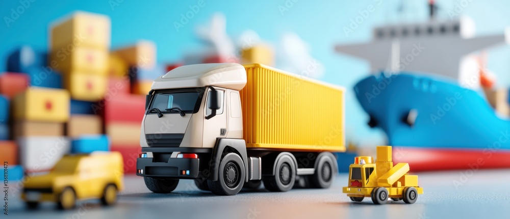 Fototapeta premium Aerial panoramic view of a large logistics hub with freight trucks, cargo ships, and containers in a busy harbor port.