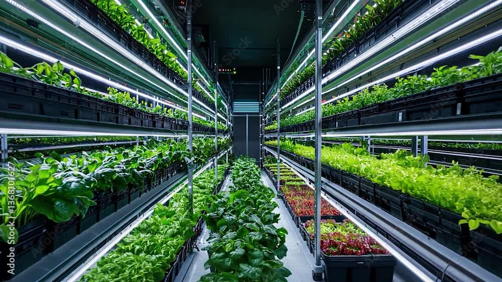 Indoor vertical farming setup showcasing vibrant greens and herbs under artificial lighting Indoor vertical farming setup showcasing vibrant greens and herbs under artificial lighting