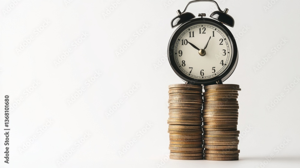 Time and money concept with alarm clock on stacks of coins for financial planning Time and money concept with alarm clock on stacks of coins for financial planning