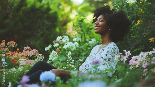 Fototapeta Naklejka Na Ścianę i Meble -  Happy woman relaxing in a colorful flower garden.