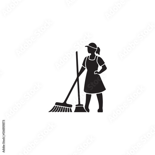 Silhouette of a Woman Janitor with Broom and Dustpan.A simple, black silhouette of a woman holding a broom and dustpan, likely representing a janitor or cleaner.