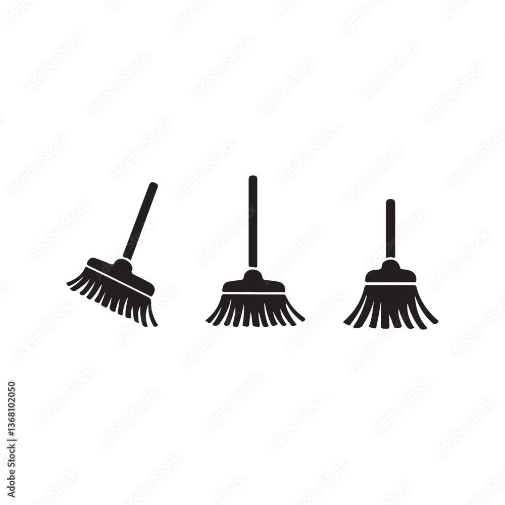 Simple Black and White Brooms Icons set.Three different angled views of simple black silhouette broom icons on a white background. Simple Black and White Brooms Icons set.Three different angled views of simple black silhouette broom icons on a white background.
