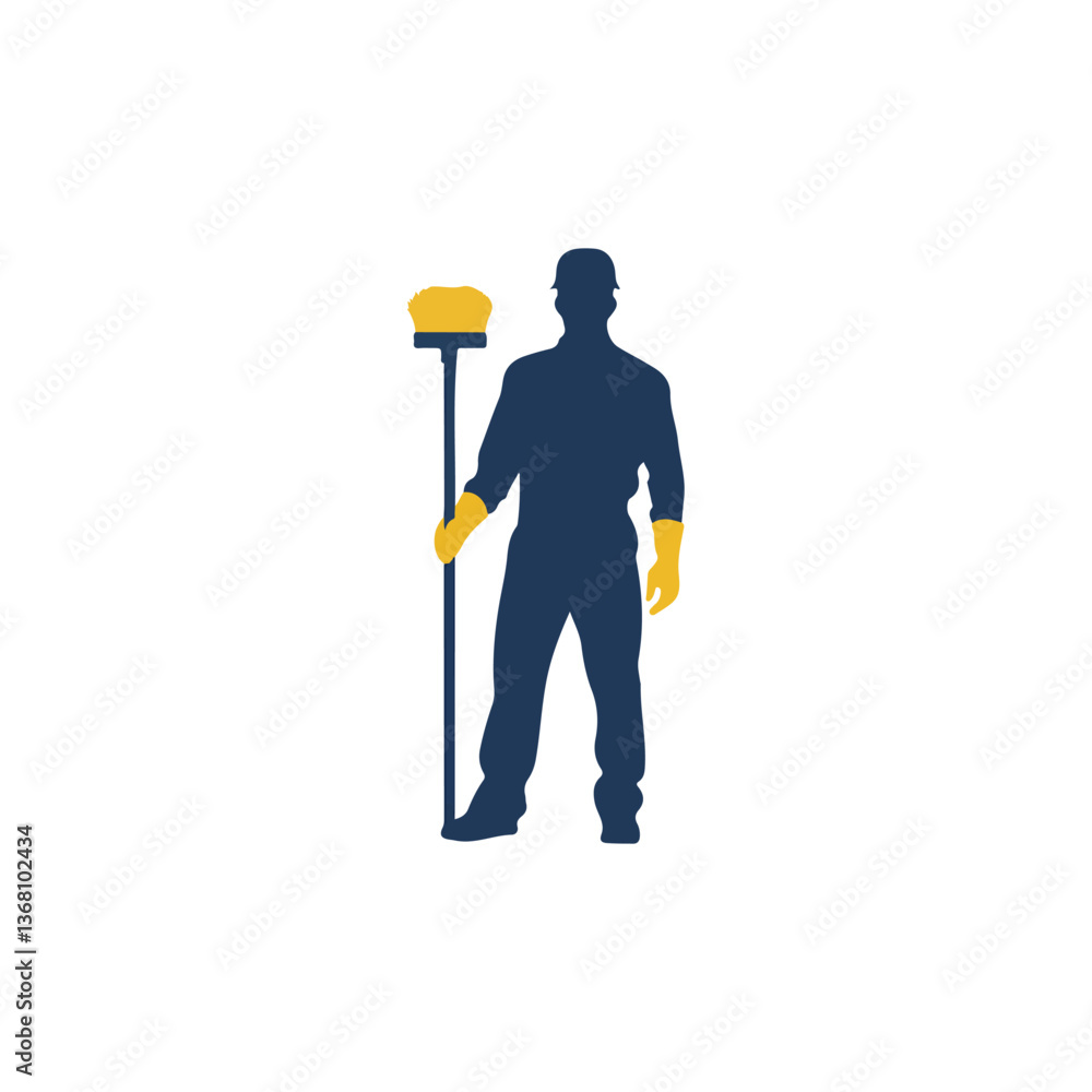 A worker in uniform with a mop, ready to cleanFull-body silhouette of a worker wearing a dark green uniform and holding a yellow-colored mop.. A worker in uniform with a mop, ready to cleanFull-body silhouette of a worker wearing a dark green uniform and holding a yellow-colored mop..
