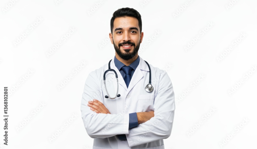 Middle-Eastern male physician in white lab coat with stethoscope smiling confidently. Represents medical professionalism. Middle-Eastern male physician in white lab coat with stethoscope smiling confidently. Represents medical professionalism.