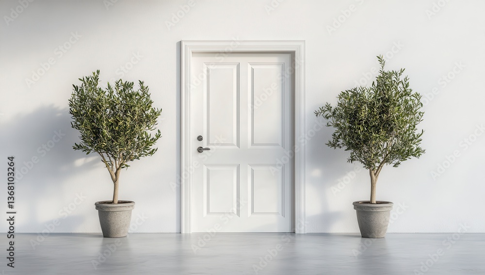 Fototapeta premium Minimalist Interior Design With White Door and Olive Trees