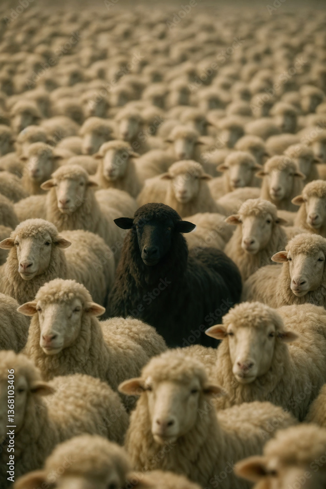 Obraz premium A black sheep standing in a group of white sheep
