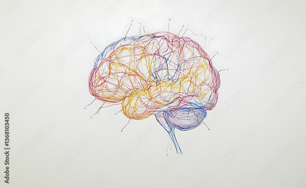 A digital drawing of an AI brain, with colorful lines representing connections and data A digital drawing of an AI brain, with colorful lines representing connections and data