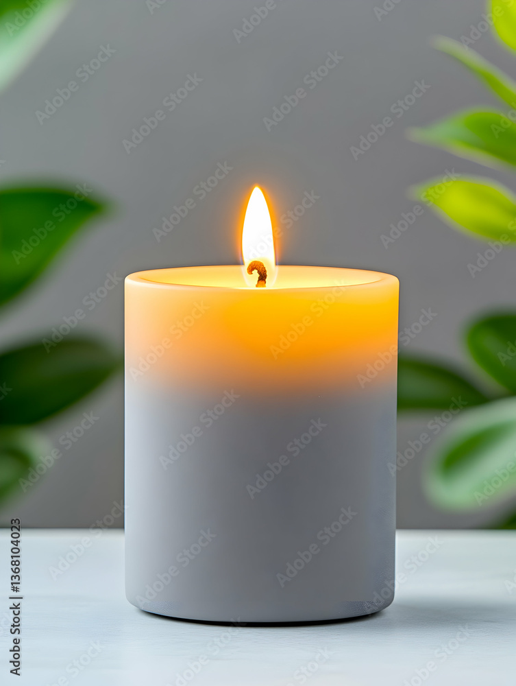 Lit gray candle with soft yellow flame, centered against blurred green foliage Lit gray candle with soft yellow flame, centered against blurred green foliage