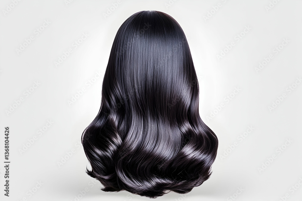 Fototapeta premium Long, glossy, black hair with soft waves, viewed from behind against a light gray background