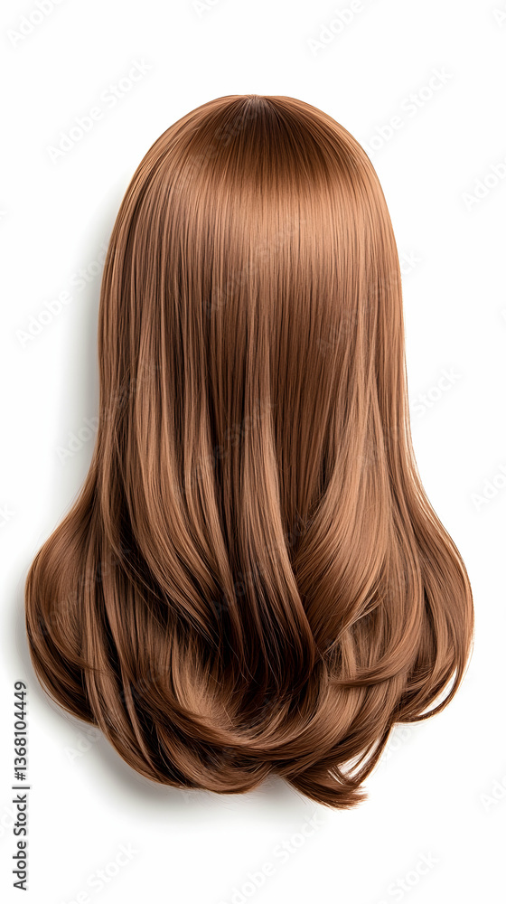 Long, light brown, straight hair styled with gentle waves, viewed from behind against a white background Long, light brown, straight hair styled with gentle waves, viewed from behind against a white background