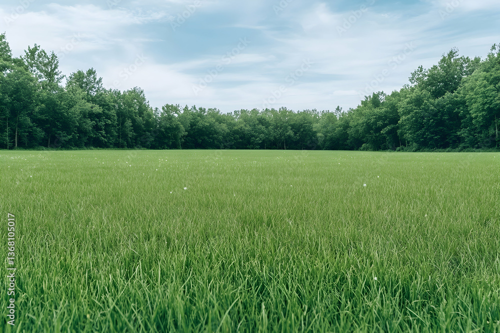 Lush green field bordered by a dense forest under a partly cloudy sky Lush green field bordered by a dense forest under a partly cloudy sky
