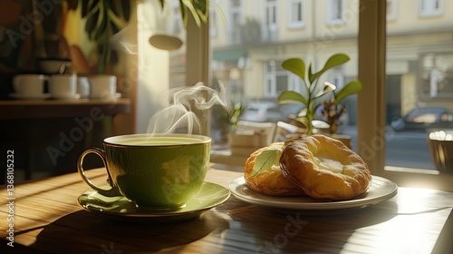 Wallpaper Mural Warm Cup of Coffee and Fresh Pastries on a Sunlit Cafe Table Torontodigital.ca