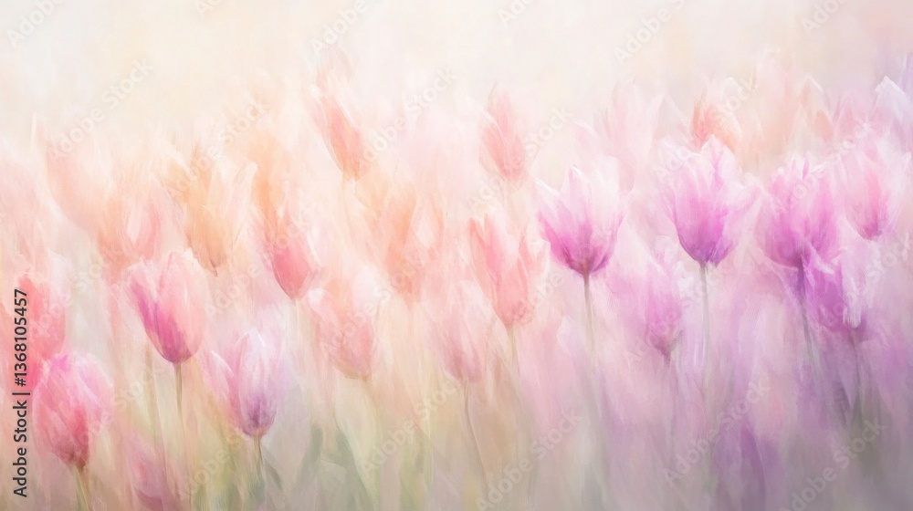 Fototapeta premium Elegant soft-focus pastel tulip field in peach, lilac, and blush pink.