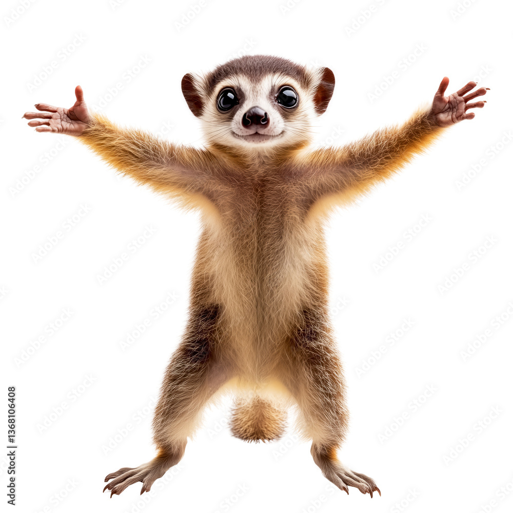 Fototapeta premium Playful meerkat with outstretched arms on a transparent background