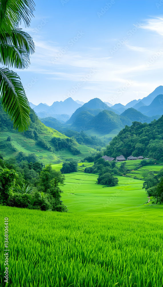 Fototapeta premium Lush green rice paddy fields nestled in a vibrant valley, surrounded by majestic mountains under a clear blue sky