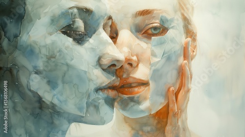  National Honesty Day. Watercolor illustration of a person removing a paper mask, revealing true self, emotional vulnerability